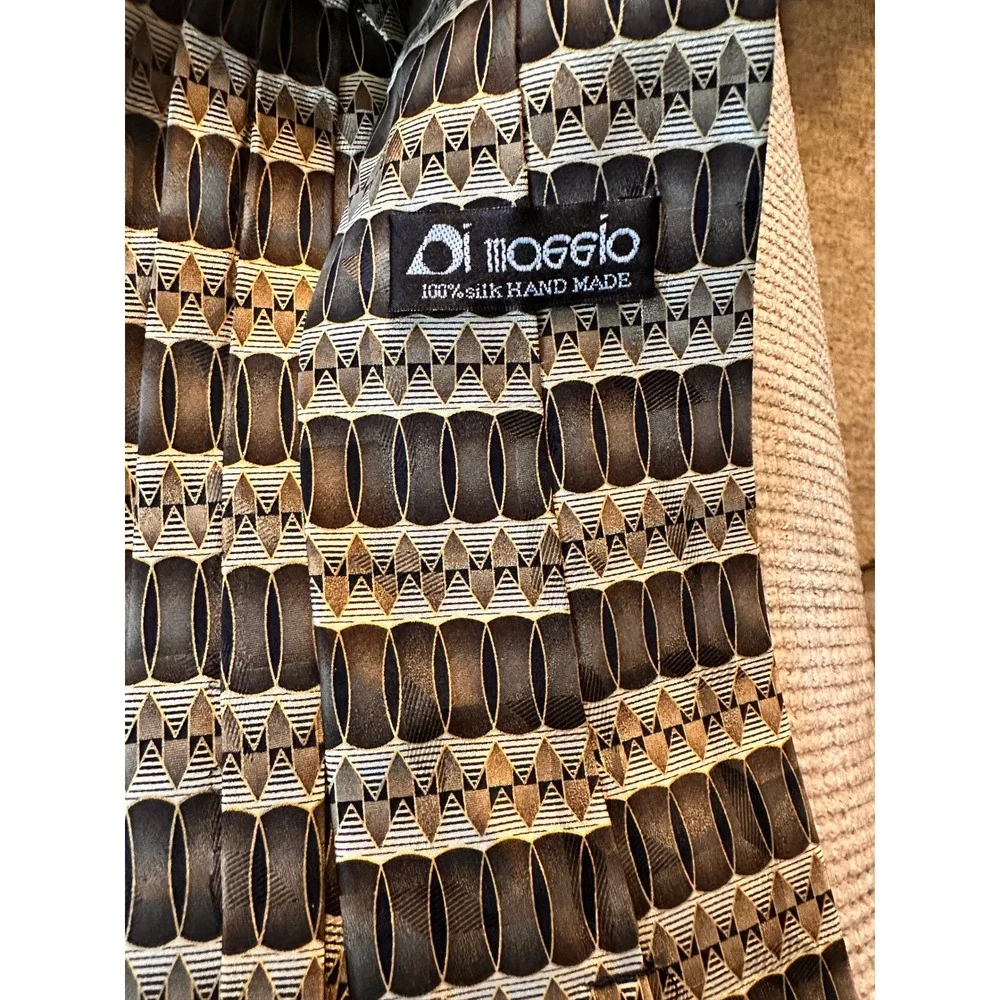Di Maggio Tie Mens Brown Bronze Gold‎ Geometric Silk Hand Made Necktie 4in Wide